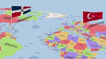 dominicaans republiek en kalkoen vlag golvend met de wereld kaart, naadloos lus in wind, 3d renderen video