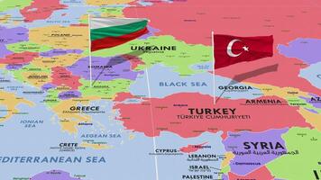 Bulgaria y Turquía bandera ondulación con el mundo mapa, sin costura lazo en viento, 3d representación video