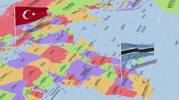 Botswana and Turkey Flag Waving with The World Map, Seamless Loop in Wind, 3D Rendering video