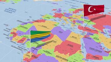 Gabon and Turkey Flag Waving with The World Map, Seamless Loop in Wind, 3D Rendering video