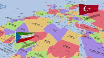 Equatorial Guinea and Turkey Flag Waving with The World Map, Seamless Loop in Wind, 3D Rendering video