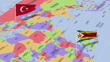 Zimbabwe e tacchino bandiera agitando con il mondo carta geografica, senza soluzione di continuità ciclo continuo nel vento, 3d interpretazione video