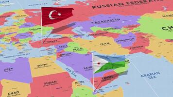 djibouti y Turquía bandera ondulación con el mundo mapa, sin costura lazo en viento, 3d representación video