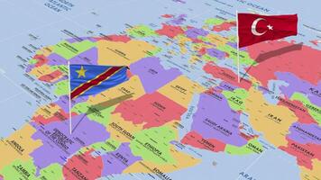 Dr congo y Turquía bandera ondulación con el mundo mapa, sin costura lazo en viento, 3d representación video