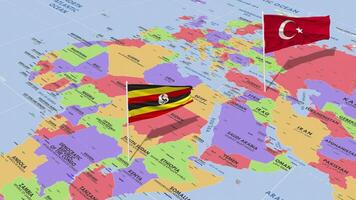 Ouganda et dinde drapeau agitant avec le monde carte, sans couture boucle dans vent, 3d le rendu video