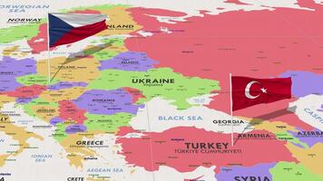 tjeck republik och Kalkon flagga vinka med de värld Karta, sömlös slinga i vind, 3d tolkning video