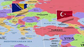 bosnia y herzegovina y Turquía bandera ondulación con el mundo mapa, sin costura lazo en viento, 3d representación video