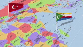 komorerna och Kalkon flagga vinka med de värld Karta, sömlös slinga i vind, 3d tolkning video