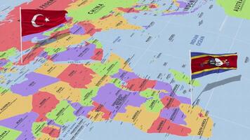 Eswatini and Turkey Flag Waving with The World Map, Seamless Loop in Wind, 3D Rendering video