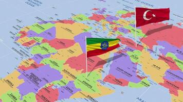 etiopien och Kalkon flagga vinka med de värld Karta, sömlös slinga i vind, 3d tolkning video