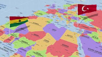 Ghana und Truthahn Flagge winken mit das Welt Karte, nahtlos Schleife im Wind, 3d Rendern video