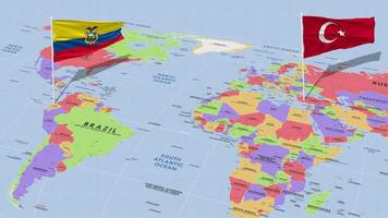 Ecuador y Turquía bandera ondulación con el mundo mapa, sin costura lazo en viento, 3d representación video