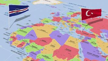 Kap Grün, cabo verde und Truthahn Flagge winken mit das Welt Karte, nahtlos Schleife im Wind, 3d Rendern video