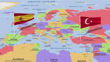 España y Turquía bandera ondulación con el mundo mapa, sin costura lazo en viento, 3d representación video