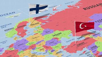 Finland and Turkey Flag Waving with The World Map, Seamless Loop in Wind, 3D Rendering video