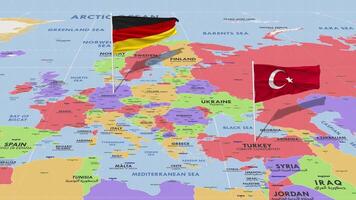 Alemania y Turquía bandera ondulación con el mundo mapa, sin costura lazo en viento, 3d representación video