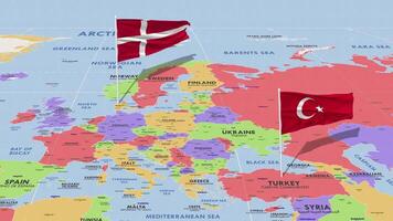 Denmark and Turkey Flag Waving with The World Map, Seamless Loop in Wind, 3D Rendering video