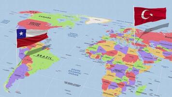 Chile e Peru bandeira acenando com a mundo mapa, desatado ciclo dentro vento, 3d Renderização video