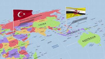 Brunei y Turquía bandera ondulación con el mundo mapa, sin costura lazo en viento, 3d representación video