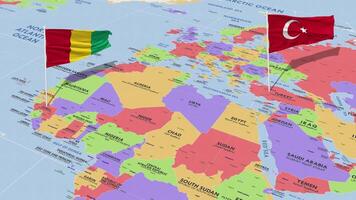 Guinea and Turkey Flag Waving with The World Map, Seamless Loop in Wind, 3D Rendering video