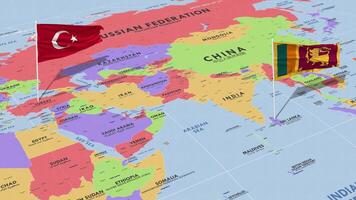 sri lanka y Turquía bandera ondulación con el mundo mapa, sin costura lazo en viento, 3d representación video
