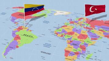 bolivarisch Republik von Venezuela und Truthahn Flagge winken mit das Welt Karte, nahtlos Schleife im Wind, 3d Rendern video