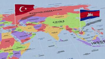 Cambodia and Turkey Flag Waving with The World Map, Seamless Loop in Wind, 3D Rendering video