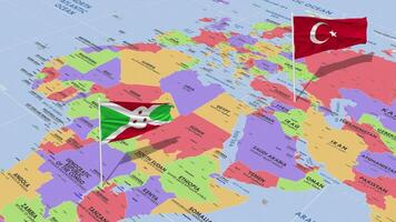 burundi e tacchino bandiera agitando con il mondo carta geografica, senza soluzione di continuità ciclo continuo nel vento, 3d interpretazione video