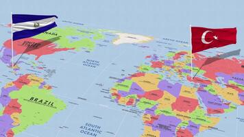 El Salvador and Turkey Flag Waving with The World Map, Seamless Loop in Wind, 3D Rendering video