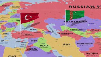 Turkmenistán y Turquía bandera ondulación con el mundo mapa, sin costura lazo en viento, 3d representación video