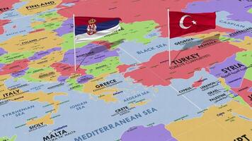 serbia y Turquía bandera ondulación con el mundo mapa, sin costura lazo en viento, 3d representación video