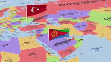 eritrea och Kalkon flagga vinka med de värld Karta, sömlös slinga i vind, 3d tolkning video