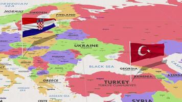 Croacia y Turquía bandera ondulación con el mundo mapa, sin costura lazo en viento, 3d representación video