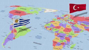 Uruguay y Turquía bandera ondulación con el mundo mapa, sin costura lazo en viento, 3d representación video