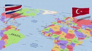 costa rica e Peru bandeira acenando com a mundo mapa, desatado ciclo dentro vento, 3d Renderização video