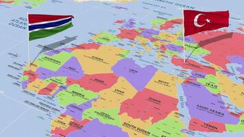 Gambia and Turkey Flag Waving with The World Map, Seamless Loop in Wind, 3D Rendering video