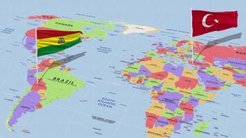 bolivia y Turquía bandera ondulación con el mundo mapa, sin costura lazo en viento, 3d representación video