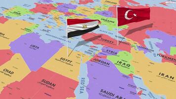 Egypt and Turkey Flag Waving with The World Map, Seamless Loop in Wind, 3D Rendering video