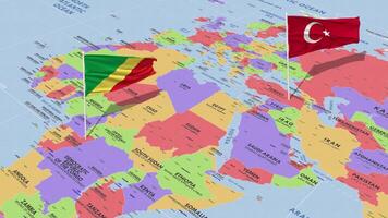 congo y Turquía bandera ondulación con el mundo mapa, sin costura lazo en viento, 3d representación video