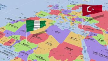 Nigeria and Turkey Flag Waving with The World Map, Seamless Loop in Wind, 3D Rendering video