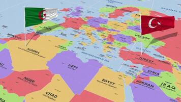 Argélia e Peru bandeira acenando com a mundo mapa, desatado ciclo dentro vento, 3d Renderização video
