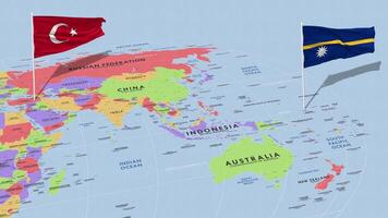 Nauru and Turkey Flag Waving with The World Map, Seamless Loop in Wind, 3D Rendering video