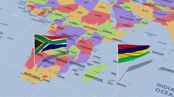 Maurícia e sul África bandeira acenando com a mundo mapa, desatado ciclo dentro vento, 3d Renderização video