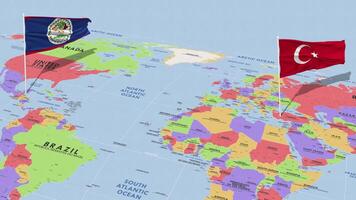 Belize and Turkey Flag Waving with The World Map, Seamless Loop in Wind, 3D Rendering video