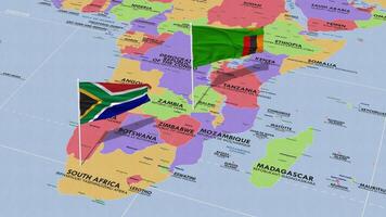 Zambie et Sud Afrique drapeau agitant avec le monde carte, sans couture boucle dans vent, 3d le rendu video