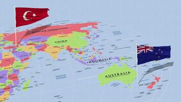 New Zealand and Turkey Flag Waving with The World Map, Seamless Loop in Wind, 3D Rendering video