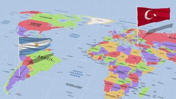 Argentina and Turkey Flag Waving with The World Map, Seamless Loop in Wind, 3D Rendering video