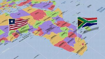 Liberia y sur África bandera ondulación con el mundo mapa, sin costura lazo en viento, 3d representación video