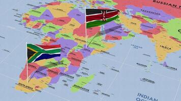 Kenya et Sud Afrique drapeau agitant avec le monde carte, sans couture boucle dans vent, 3d le rendu video