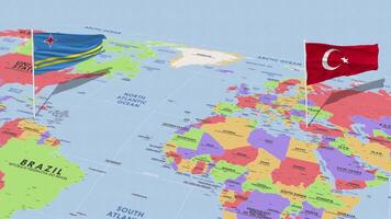 Aruba e Peru bandeira acenando com a mundo mapa, desatado ciclo dentro vento, 3d Renderização video